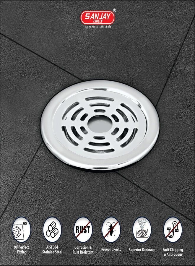 Sanjay Chilly Ringo Round Floor Drain with Pipe Hole 4 Inch Stainless Steel 304 Grade Luxurious Bathroom Gratings Water Drain Strainer Bathtub Laundry Sink Washbasin (Round Ringo Gypsy Silver 4 Inch) - Image 2